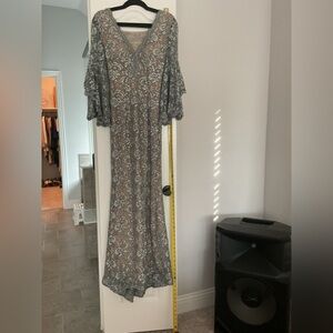 Jovani Charcoal Floral Lace Long Sleeve Dress